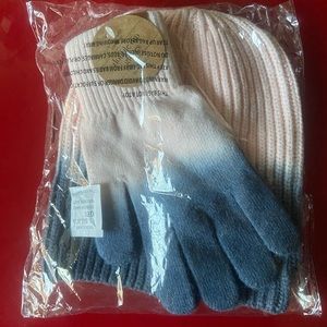 Brits Knits, double dipped dyed ribbed hat & gloves set in pink & blue colors